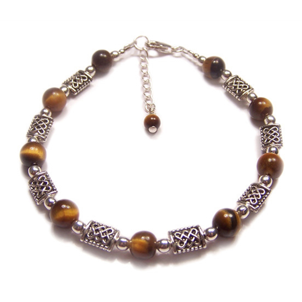 LunarraStar Damen Keltisch Knüpfarbeit Armband aus 925 Sterlingsilber mit Rund Tigerauge-Edelstein Braun Extender 2,5 cm