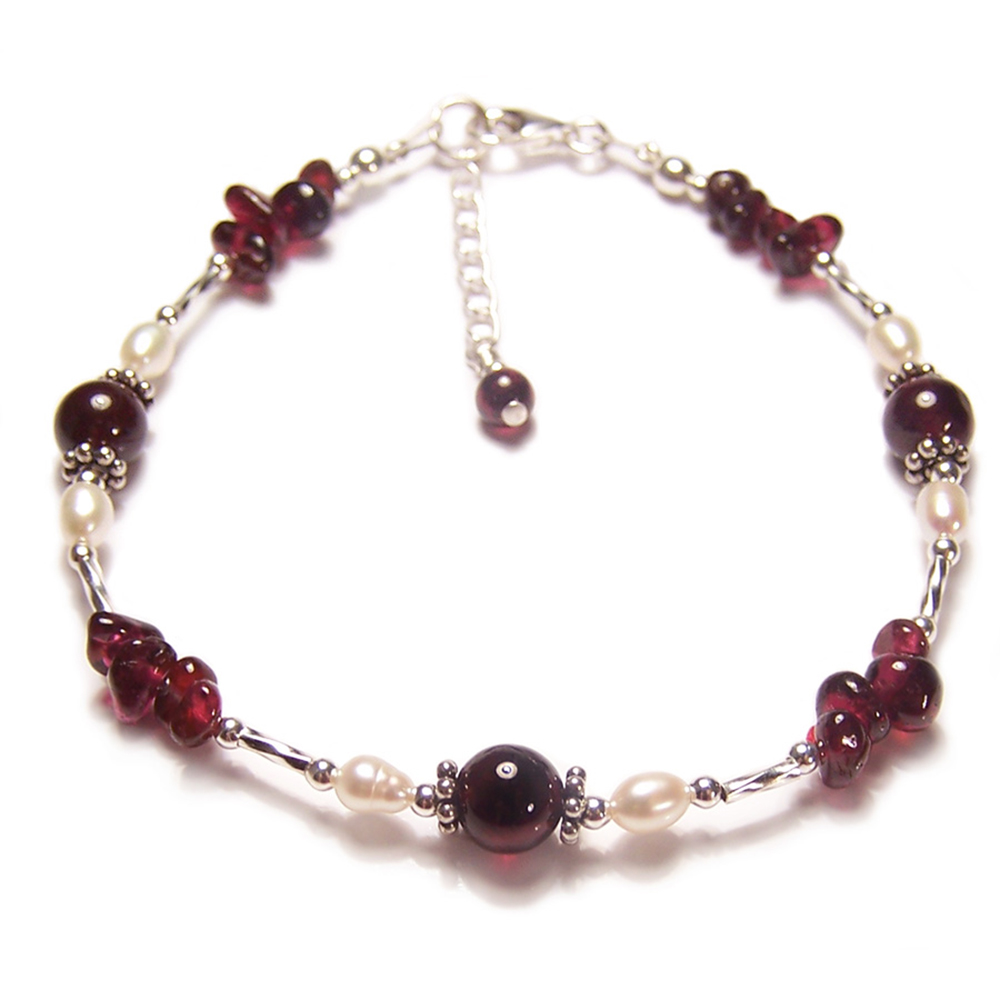 LunarraStar Damen Armband aus 925 Sterlingsilber mit Runden Granat-Edelstein und 4mm Oval Perle Rot Extender 2,5 cm