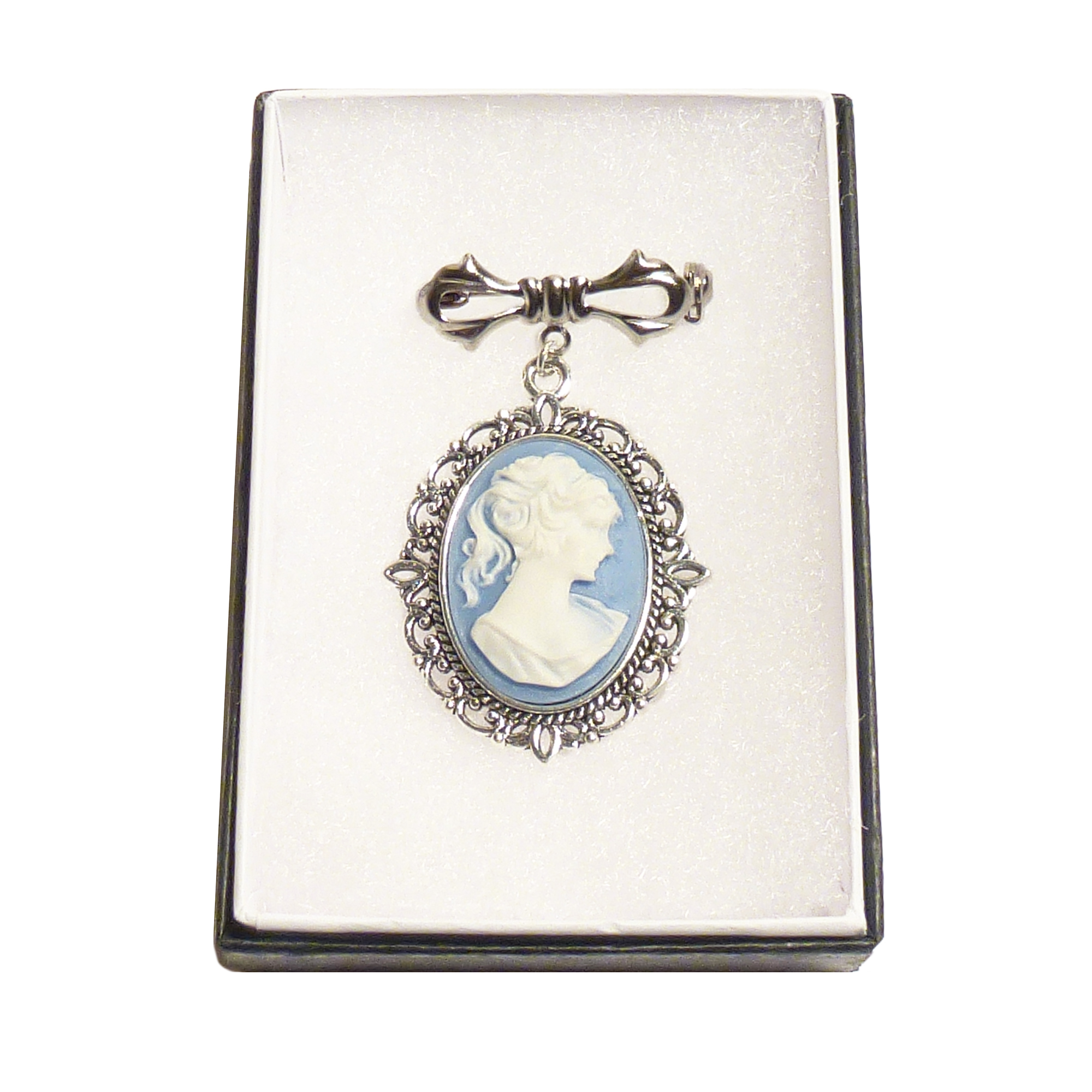 Broche Camée Victorienne - Portrait Femme, Bronze, Gris Bleu - Style Ancien