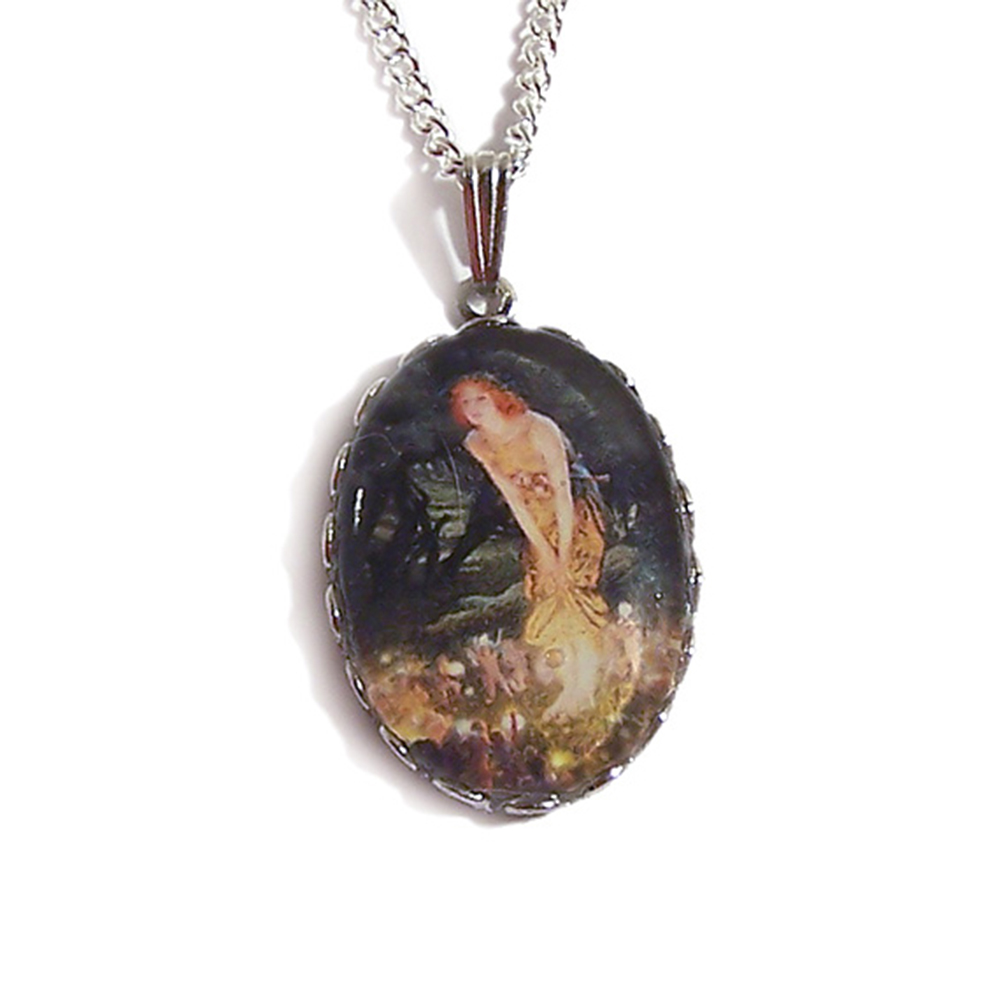 LunarraStar Damen Midsummer Eve von Hughes Anhänger-Halskette aus Versilbert mit Oval Glas Malerei Kunst Feen